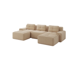 Conjunto de sofá modular estofado em forma de nuvem, sem estrutura fixa, inclui apoio para os pés, tecido aveludado bege, fácil de montar.