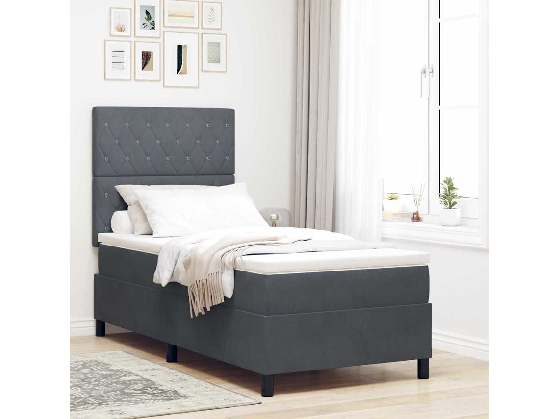 Vidaxl Cama Box Com Colchão Cinza Escuro 90 X 190 Cm Veludo