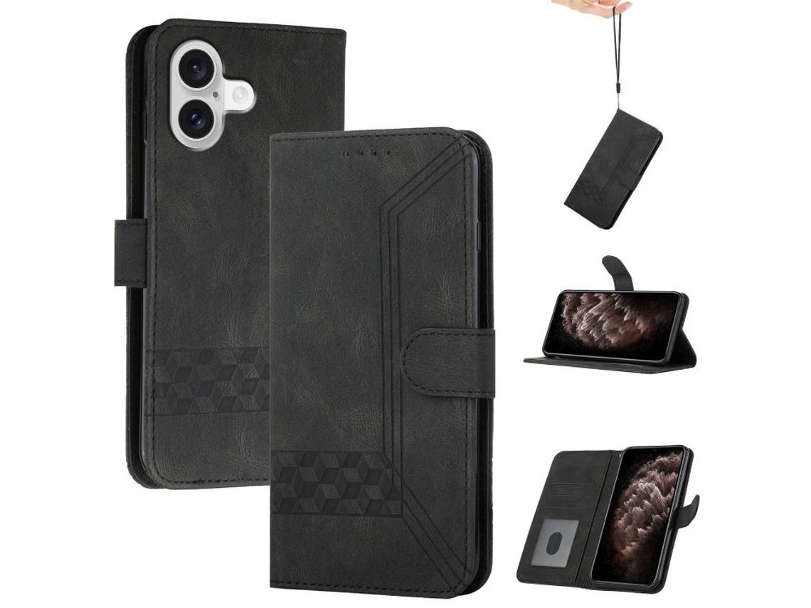 Capa Para Iphone 17 Em Couro Com Textura Cúbica E Função Flip.