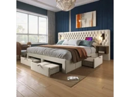 Conjunto Quarto 180x200 Mesas Cômoda Led Usb Bege Sem Colchão