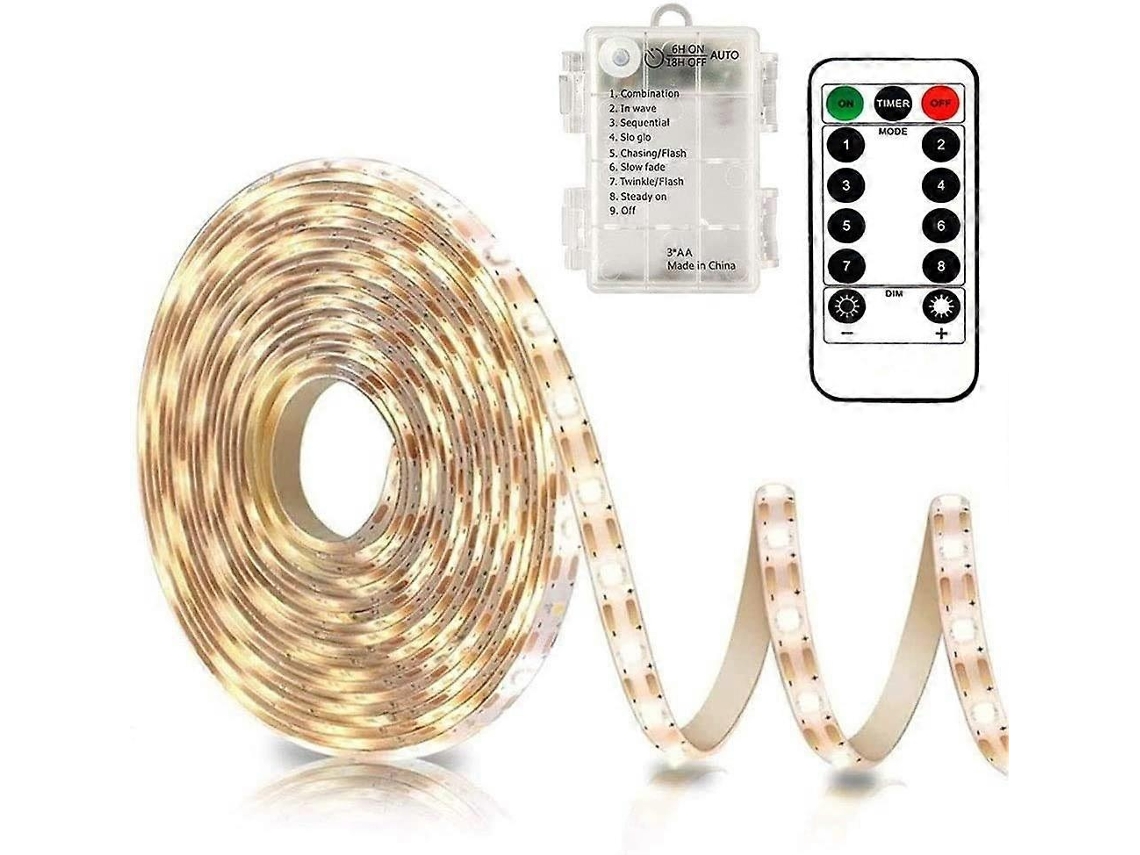 Fita Led 3 M A Pilhas Com Comando Temporizador Autoadesiva Flexível Para Quarto E Cozinha - Lurelia