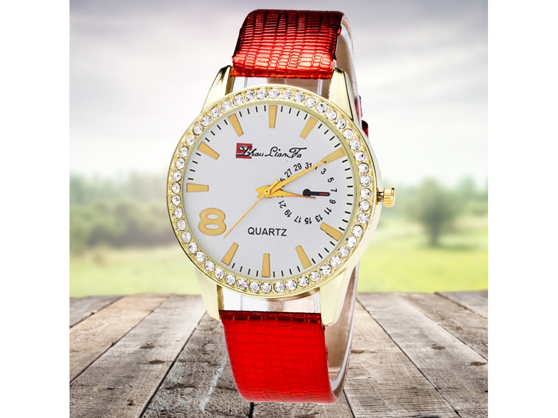 Relógio feminino de luxo casual com strass, movimento analógico de quartzo e pulseira de PU vermelha.