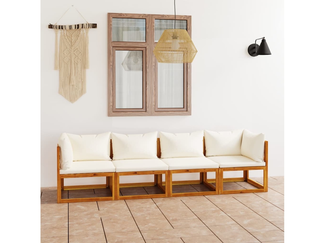 Banco De Jardim 4 Lugares C/ Almofadões Cor Creme Acácia Maciça Dkd Home Decor