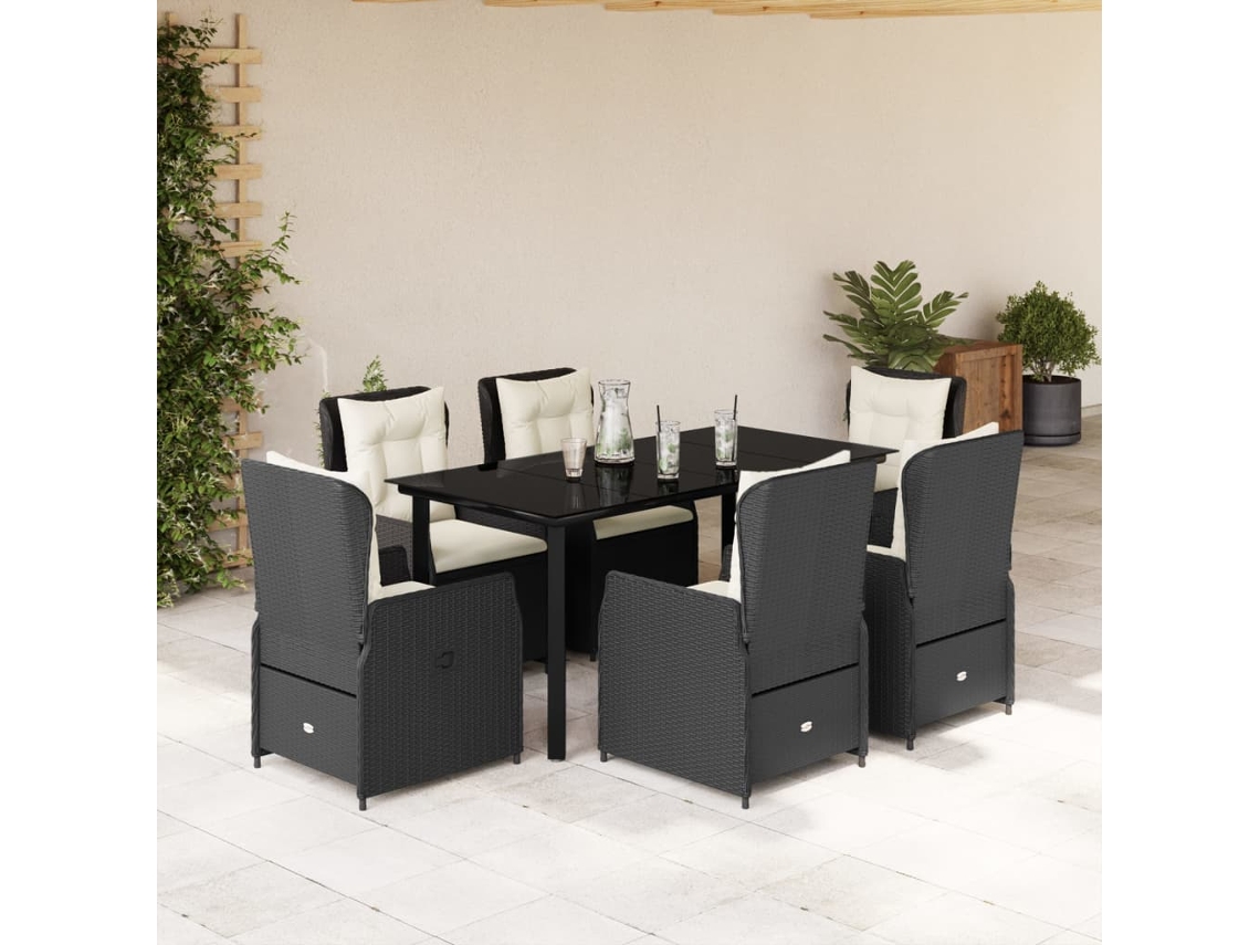 Conjunto 7 Peças Jantar P/ Jardim C/ Almofadões Vime Pe Preto Dkd Home Decor