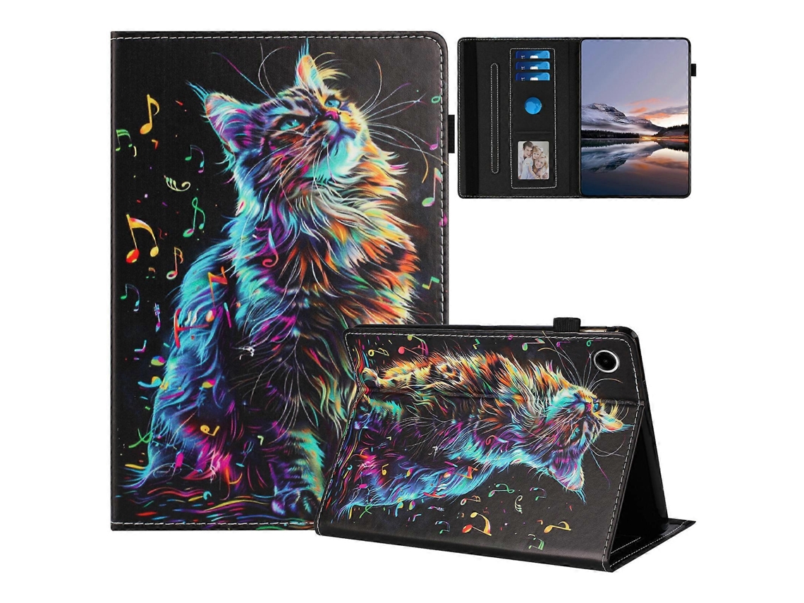 Capa de couro com estampa de gato Hengrongshen para Lenovo M10 Plus TB X606f com porta-cartões e botão de ativação/repouso automático