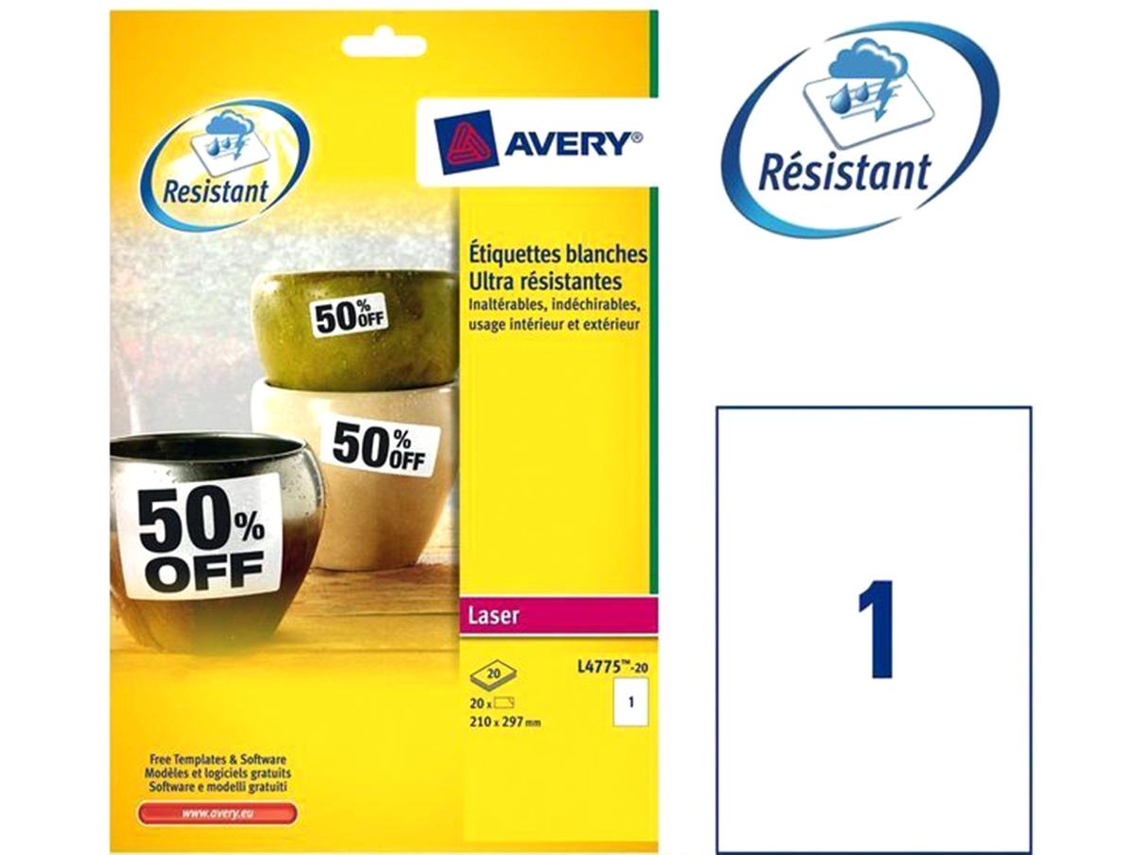 Etiqueta Adesiva Avery Poliester Branca 210x297mm Laser Pack de 20 Unidades