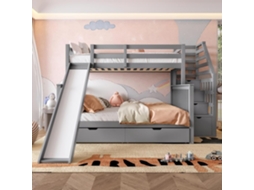 Cama Beliche 90x200 Cm E 140x200 Cm, Com Escorregador, Gavetas De Arrumação, Estrutura Em Madeira Maciça, Cinza
