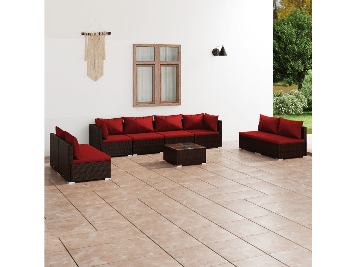 Conjunto 9 Peças Lounge De Jardim C/ Almofadões Vime Pe Marrom Dkd Home Decor