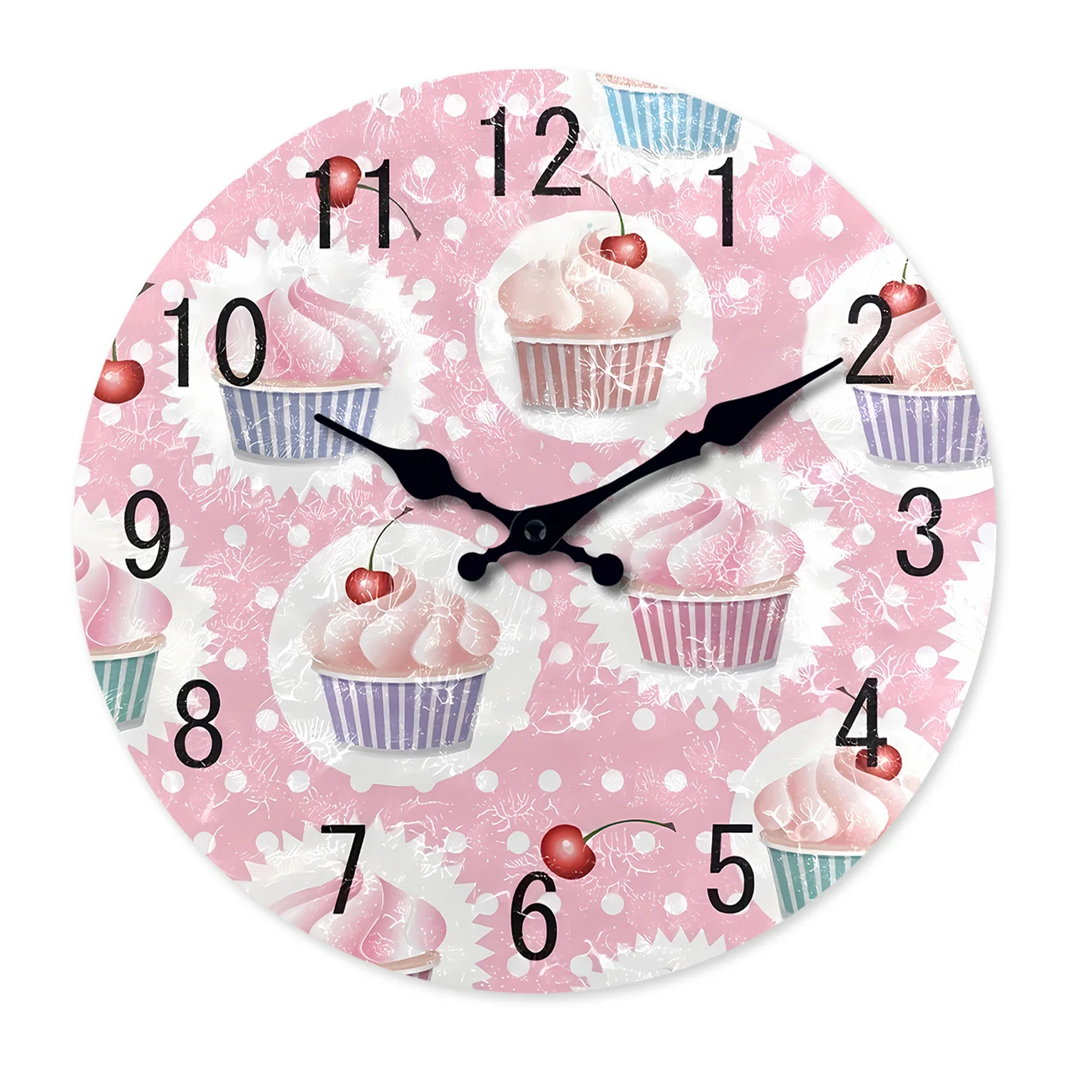 Relógio de parede de madeira (35,5 cm) com estampa fofa e colorida de cupcakes e bolinhas, relógio de quartzo silencioso