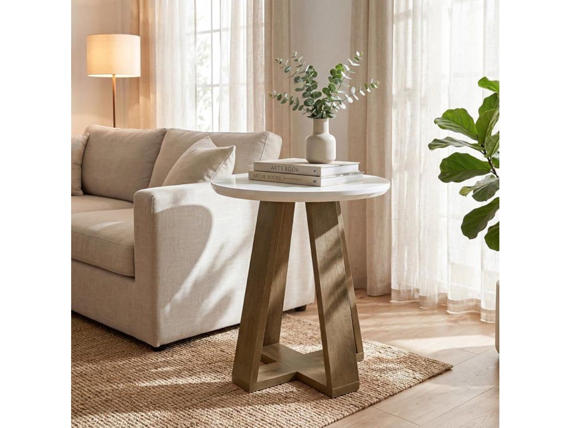 Mesa De Apoio Redonda, Little Tree, 50x50x60 Cm, Pequena Mesa De Apoio Moderna Para Sala, Quarto, Branco E Marrom