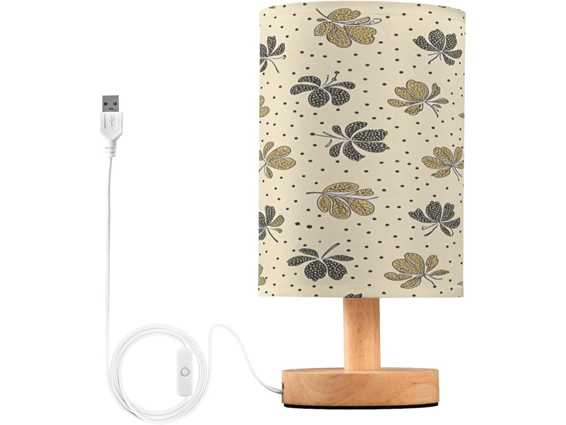 Abajur De Cabeceira Vintage Com Estampa Floral, Portas De Carregaje USB C, Luminária De Leitura Led, Base De Madeira