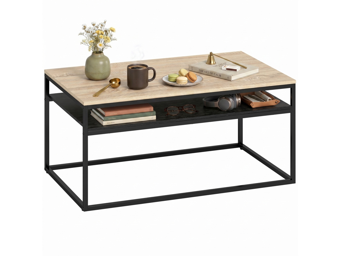 Mesa De Centro Com Prateleira, Estilo Industrial Moderno, 100x59,8x47 Cm, Em Carvalho, Para Sala Ou Quarto.