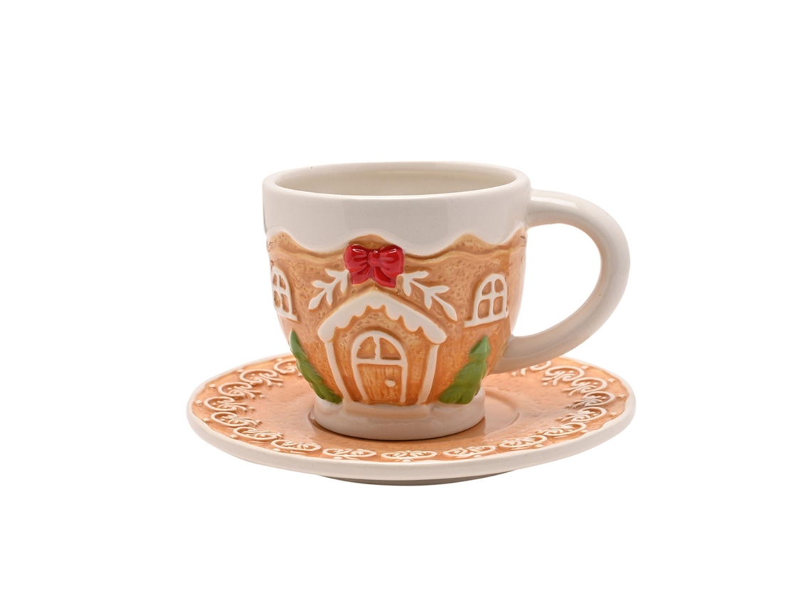 Xícara E Pires De Cerâmica Com O Papai Noel E Seus Amigos, Cor Marrom Claro E, Em Formato De Biscoito De Gengibre, Tamanho Único