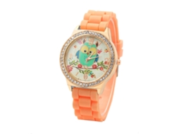Relógio Feminino de Pulso Redondo com Strass Padrão Coruja Pulseira de Silicone Laranja