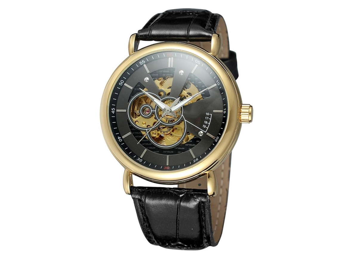 Relógio masculino automático mecânico com pulseira de couro PU, resistente à água e com design vazado, preto e dourado.