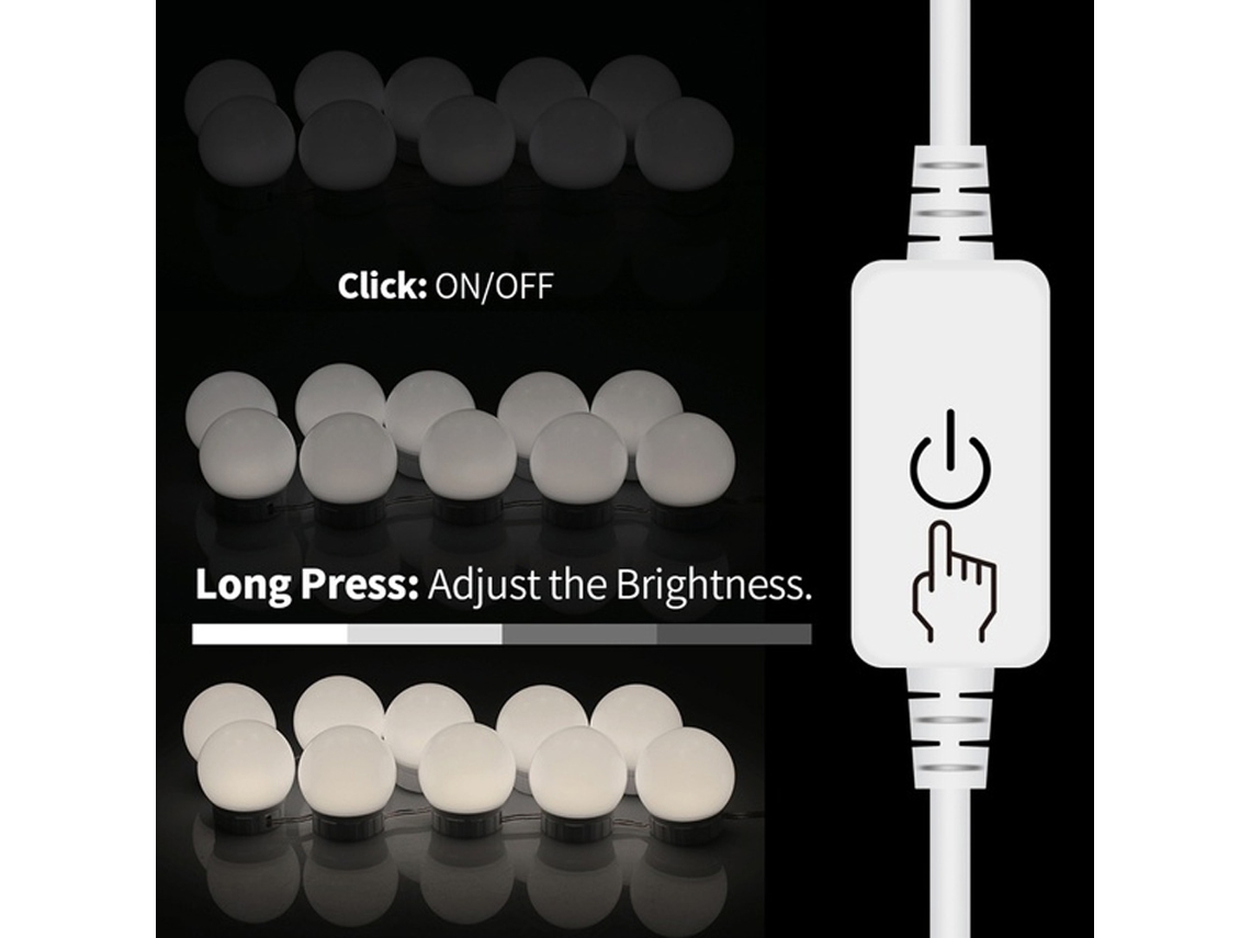 Rebe-kit De Luzes Led Para Espelho De Make-up Com 14 Lâmpadas Reguláveis, Cabo Retrátil E Alimentação Usb Para Maquiagem E Salão De Beleza