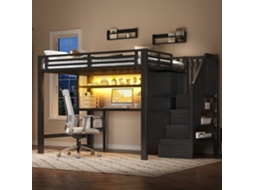 Cama Alta Metal 140x200 Escrivaninha Prateleira Guarda-roupa Escada Preta
