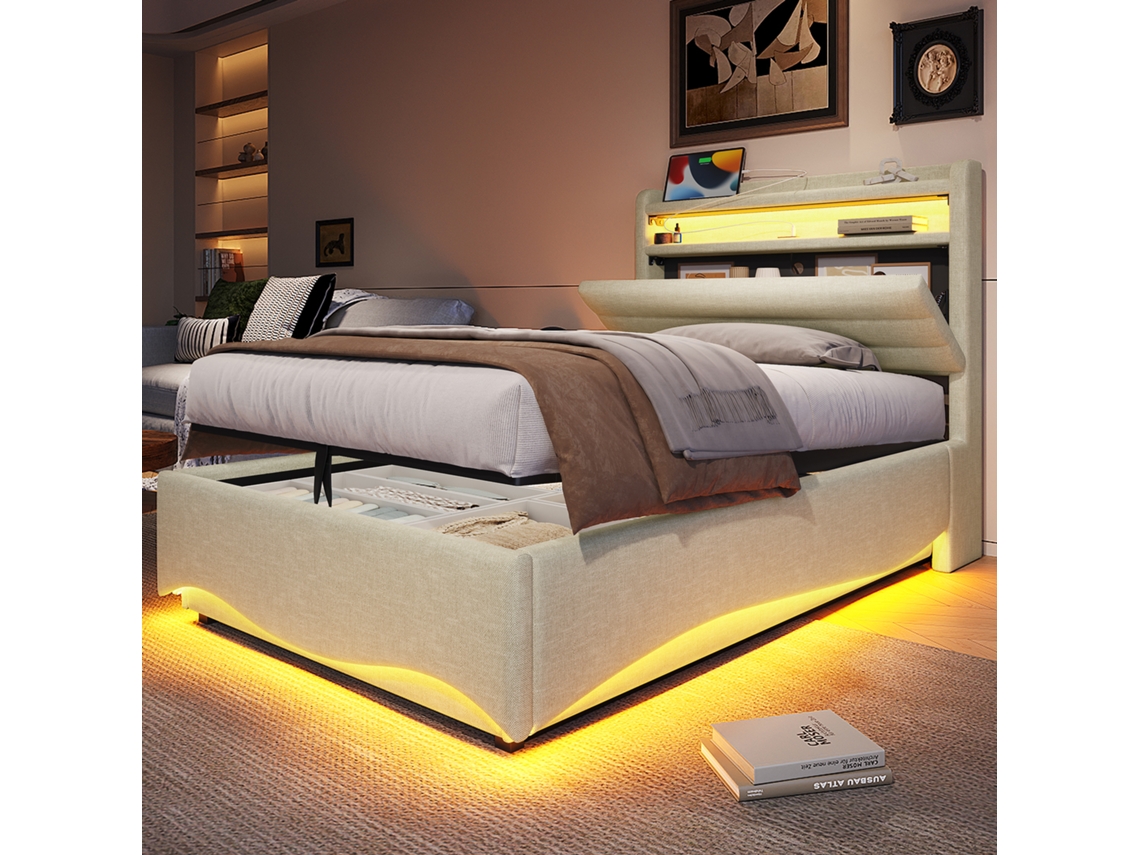 Cama 90x200 Estofada Bege Led Hidráulico Usb c VOLTEDGE
