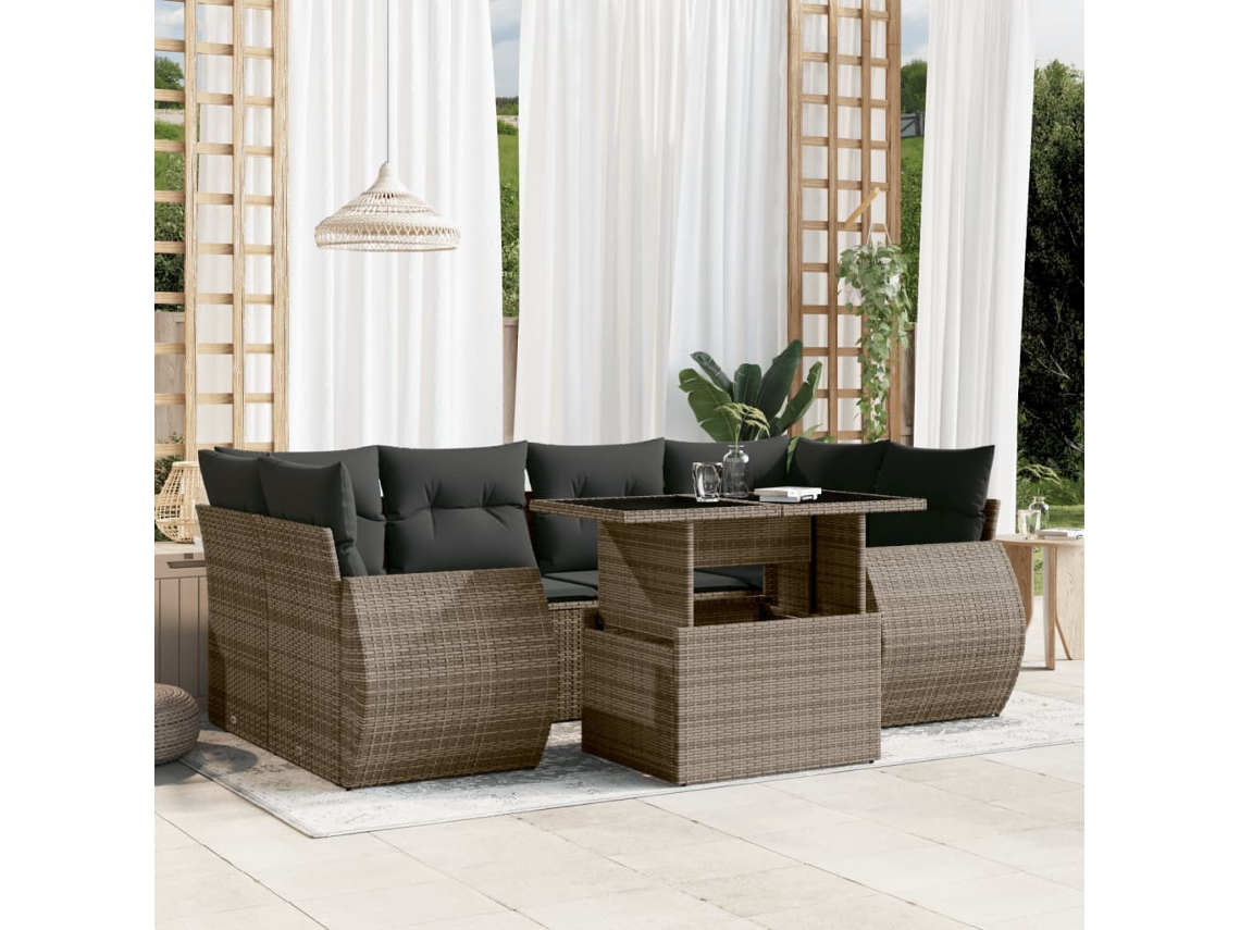 Vidaxl 7 Pcs Conjunto Sofás P/ Jardim C/ Almofadões Vime Pe Cinzento