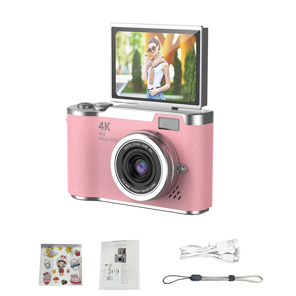 Câmera Digital 4k 48mp Câmera Infantil Foco Automático Tela de 2,4 Polegadas Giratória em 180° MDUG (rosa Sem Cartão de Memória)