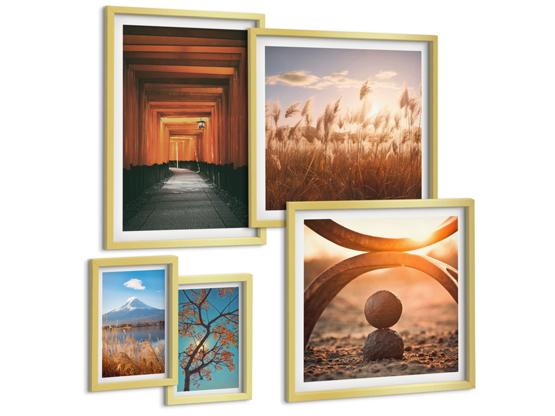 Galeria De Pinturas Murais Peônias Rosa, Geométrico Moldura Dourada Quadros Para O Escritório Espelharte (conjunto De 5 Imagens)