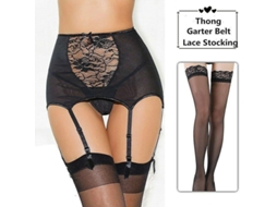Conjunto de Lingerie Sexy de Calcinha com Cintura Alta e Meia Garters Plus Size Feminino Preto com Meias