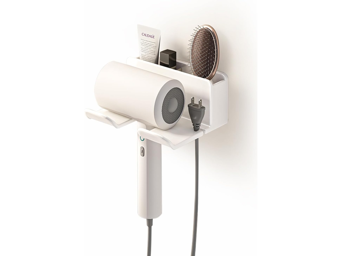 Suporte De Parede Branco Para Secador Cabelo, Sem Necessidade Furar, Com Organizador Cabos E Compartimento Em Abs Banheiro, Quarto Ou Hotel.