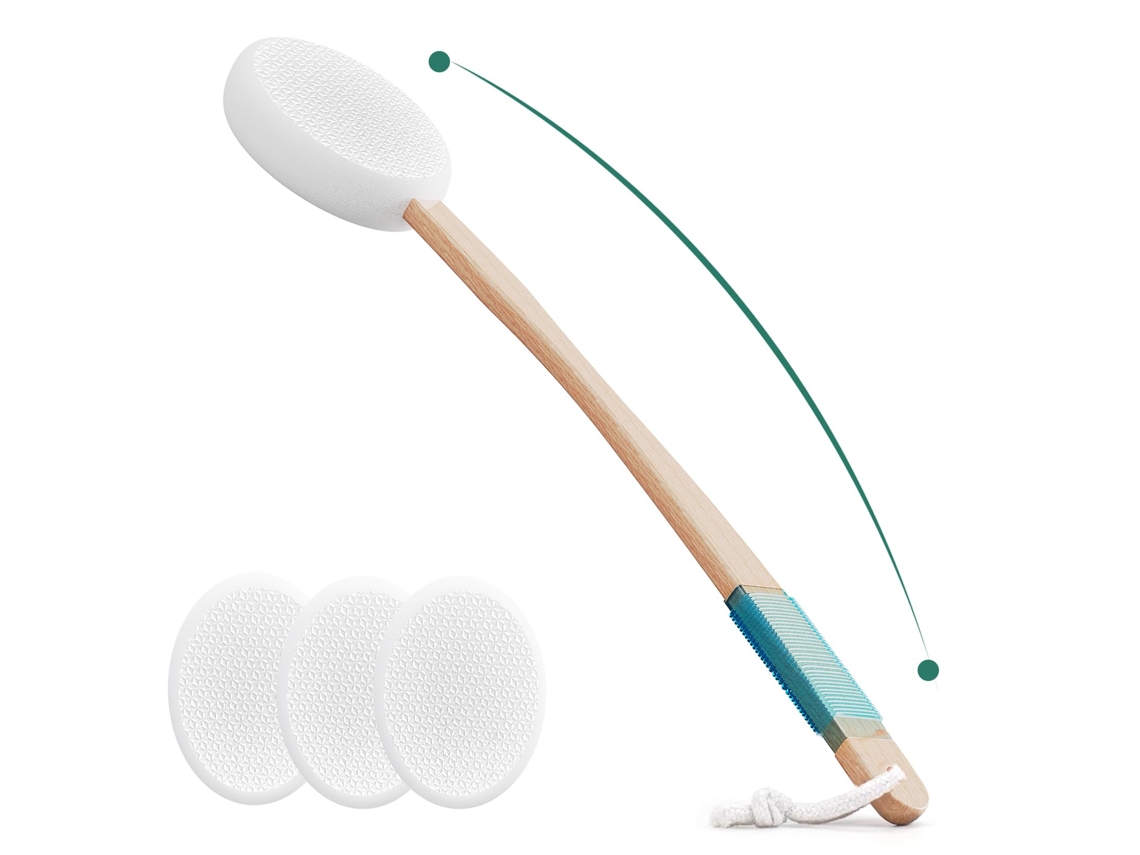 Escova Corporal Cabo Longo – Escova Banho – Esfoliador Corpo – Escova Massagem – 3 Cabeças Esponja – Madeira Natural