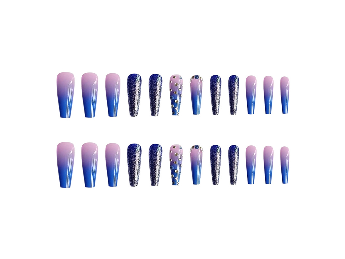 24 Unhas Falsas Prensáveis Com Decoração De Strass E Gradiente Rio Estelar Estilo Longo Moda
