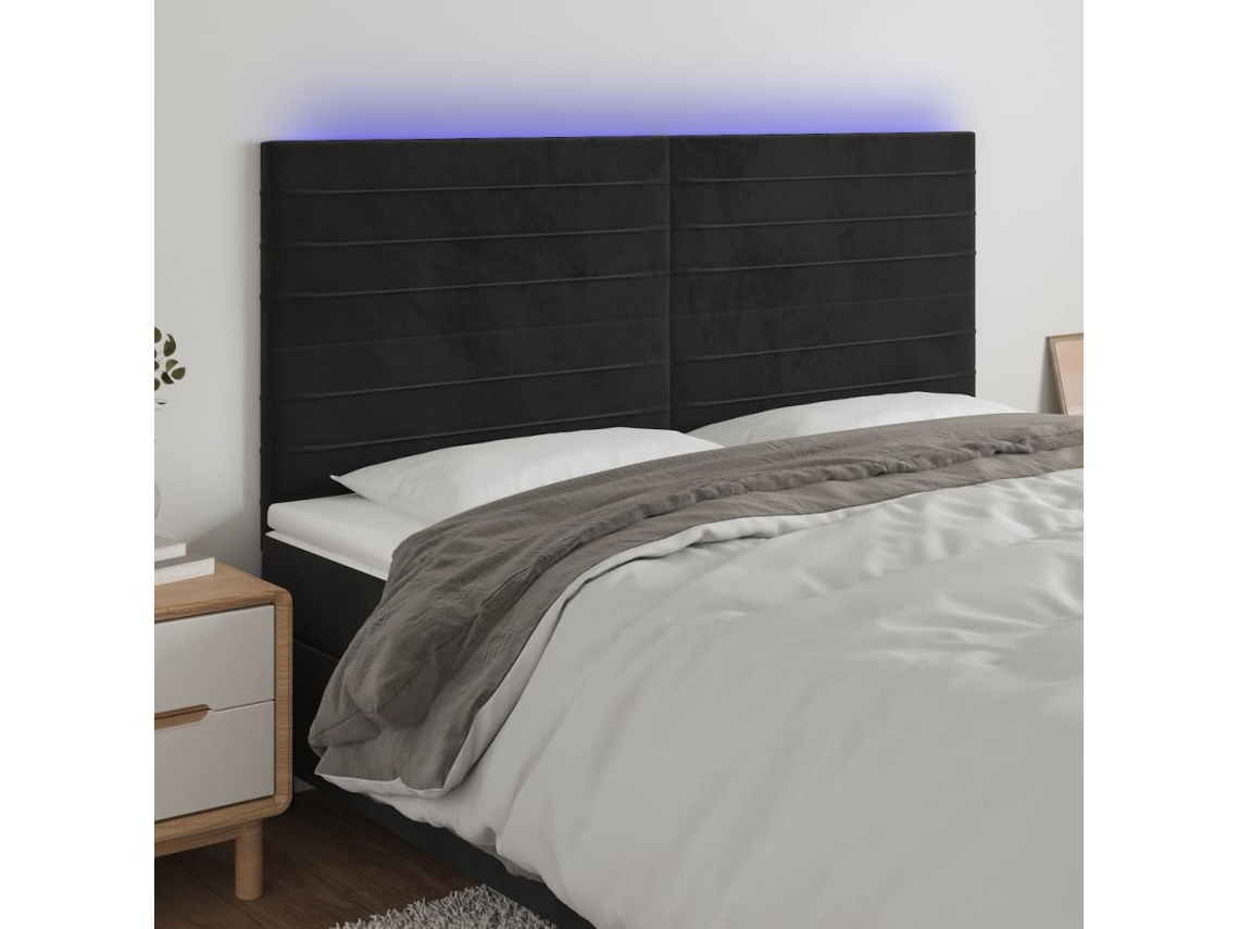 Vidaxl Cabeceira De Cama C/ Luzes Led Veludo 200x5x118/128 Cm Preto