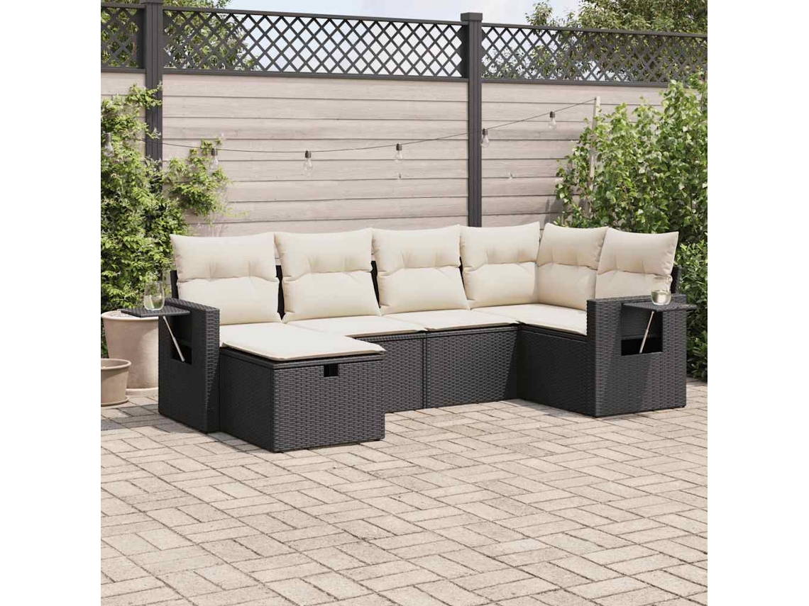 Vidaxl 6 Pcs Conjunto Sofás De Jardim C/ Almofadões Vime Pe Preto