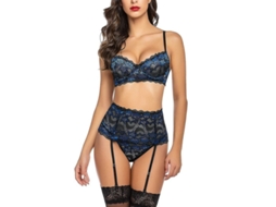 Conjunto De Lencería Para Mujer De Talle Alto Con Tirantes Ajustables Y Cinturón De Ligas, Encaje Sexy Azul S Azul