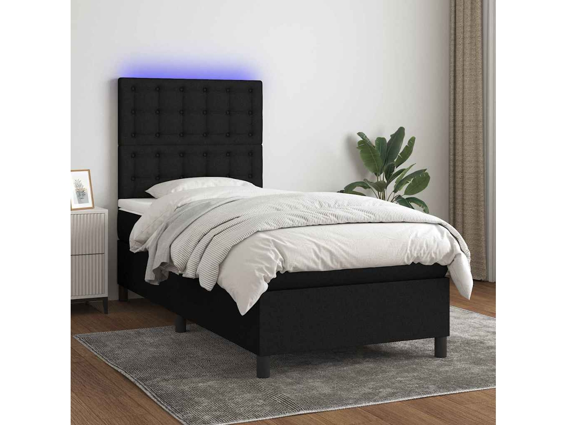 Vidaxl Cama Box Spring C/ Colchão E Led 90x190 Cm Tecido Preto