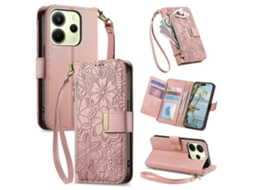Capa Carteira De Couro Com Zíper, Estampa De Flores E Folhas, Com Alça, Para Redmi Note 14 4g (163,25 Mm).