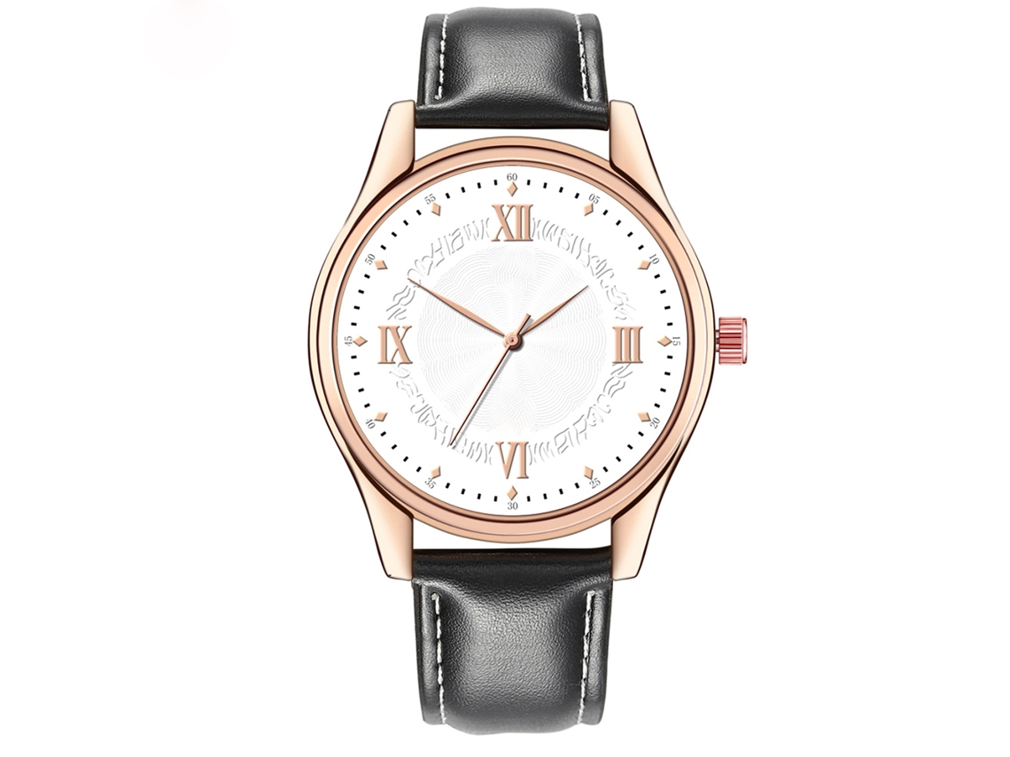 Relógio de pulso masculino de quartzo com pulseira de PU, aço simples, mostrador redondo preto e branco.