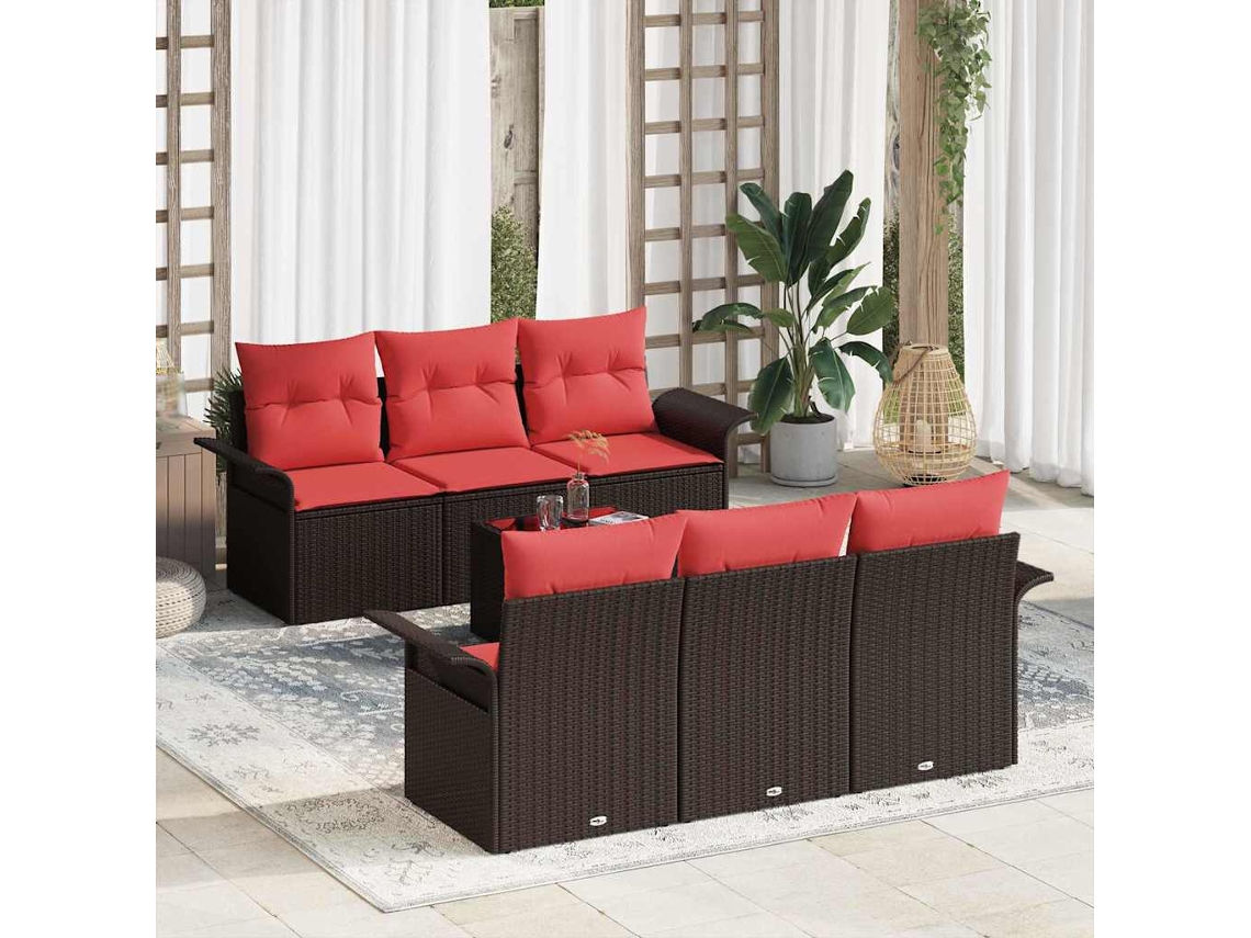 Vidaxl Conjunto De Sofá De Jardim 7 Unid. Bege E Vermelho Vime Pe