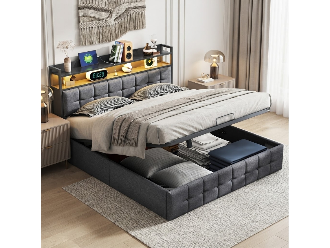 Cama Hidráulica De 140x190 Cm, Cama De Casal Com Espaço De Arrumação, Cabeceira Com Iluminação Led E Compartimentos De Arrumação, Em Linho, Cinzenta