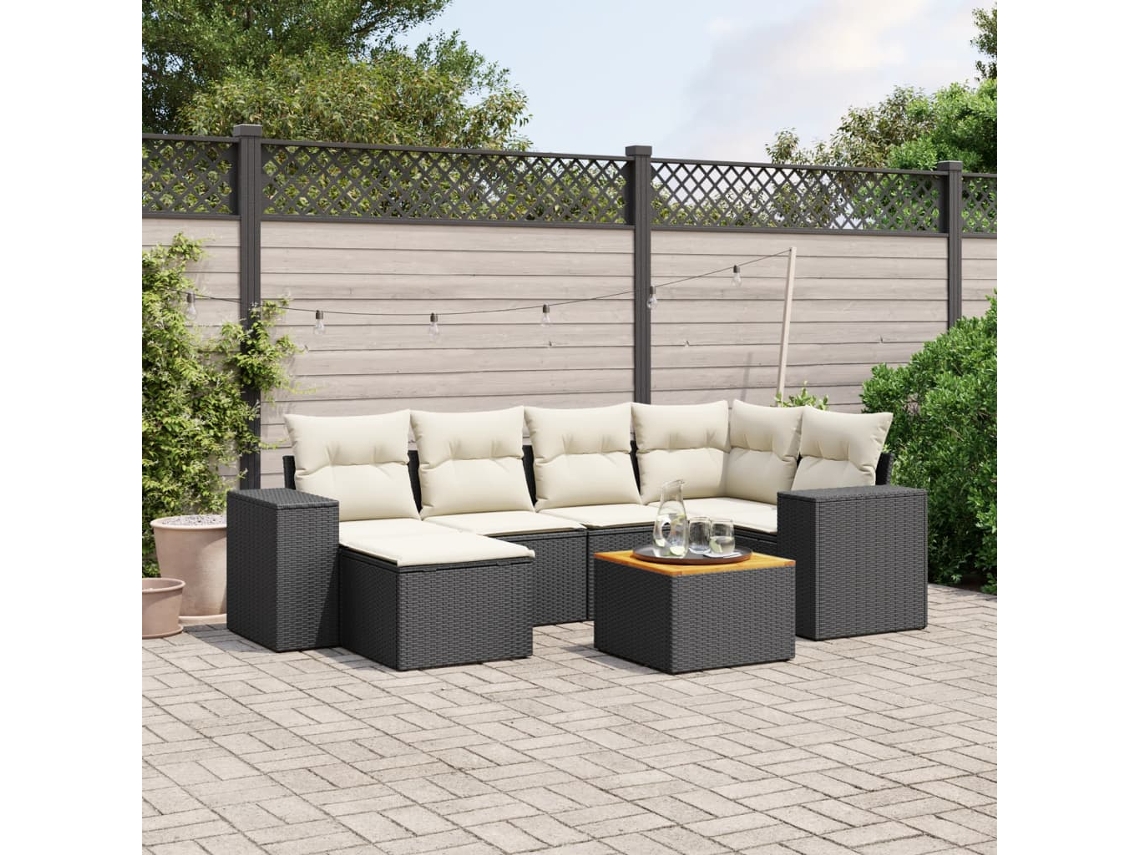 7 Pcs Conjunto De Sofás P/ Jardim C/ Almofadões Vime Pe Preto Dkd Home Decor