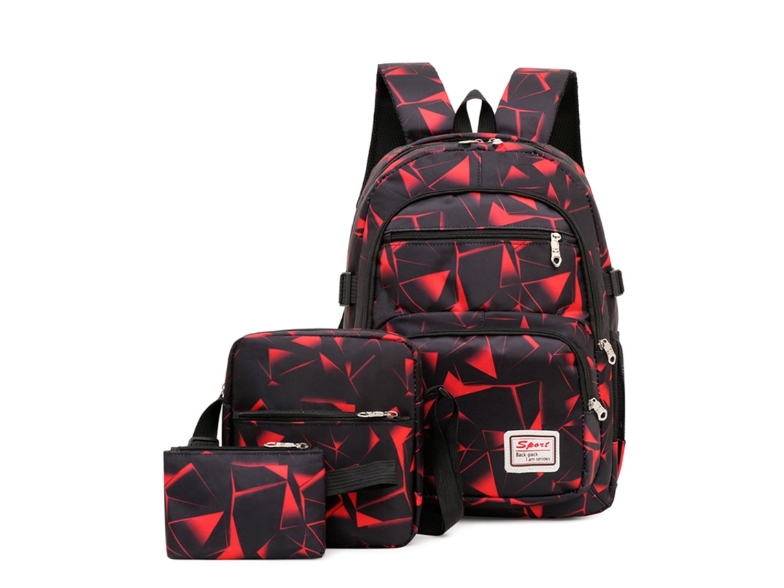 Mochila De Três Peças Com Estampa Quadrada, Mochila Estudante Vermelha