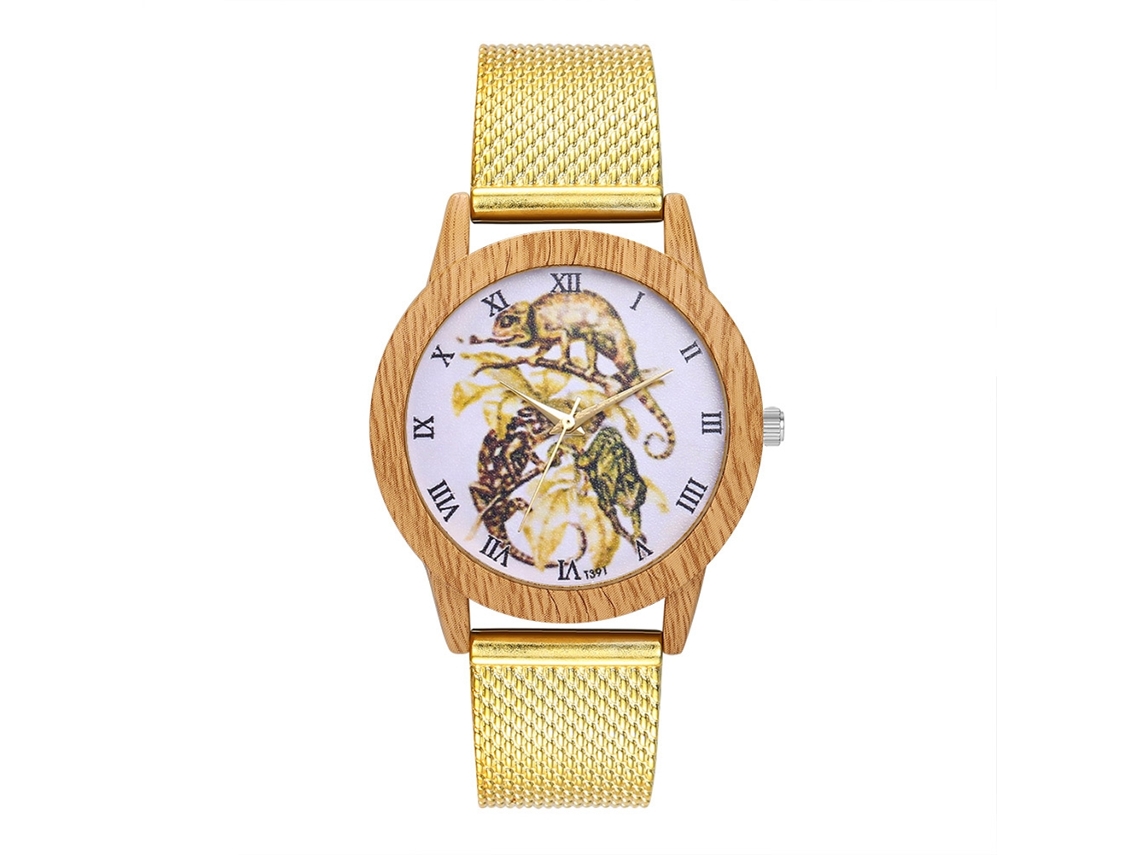 Relógio de quartzo casual unissex Zhoulianfa com pulseira de malha de aço e mostrador com estampa de animais (dourado)
