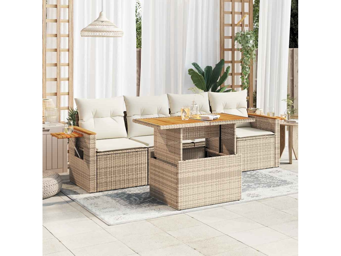 Vidaxl 5 Pcs Conj. Sofás P/ Jardim C/ Almofadões Vime Pe/acácia Bege