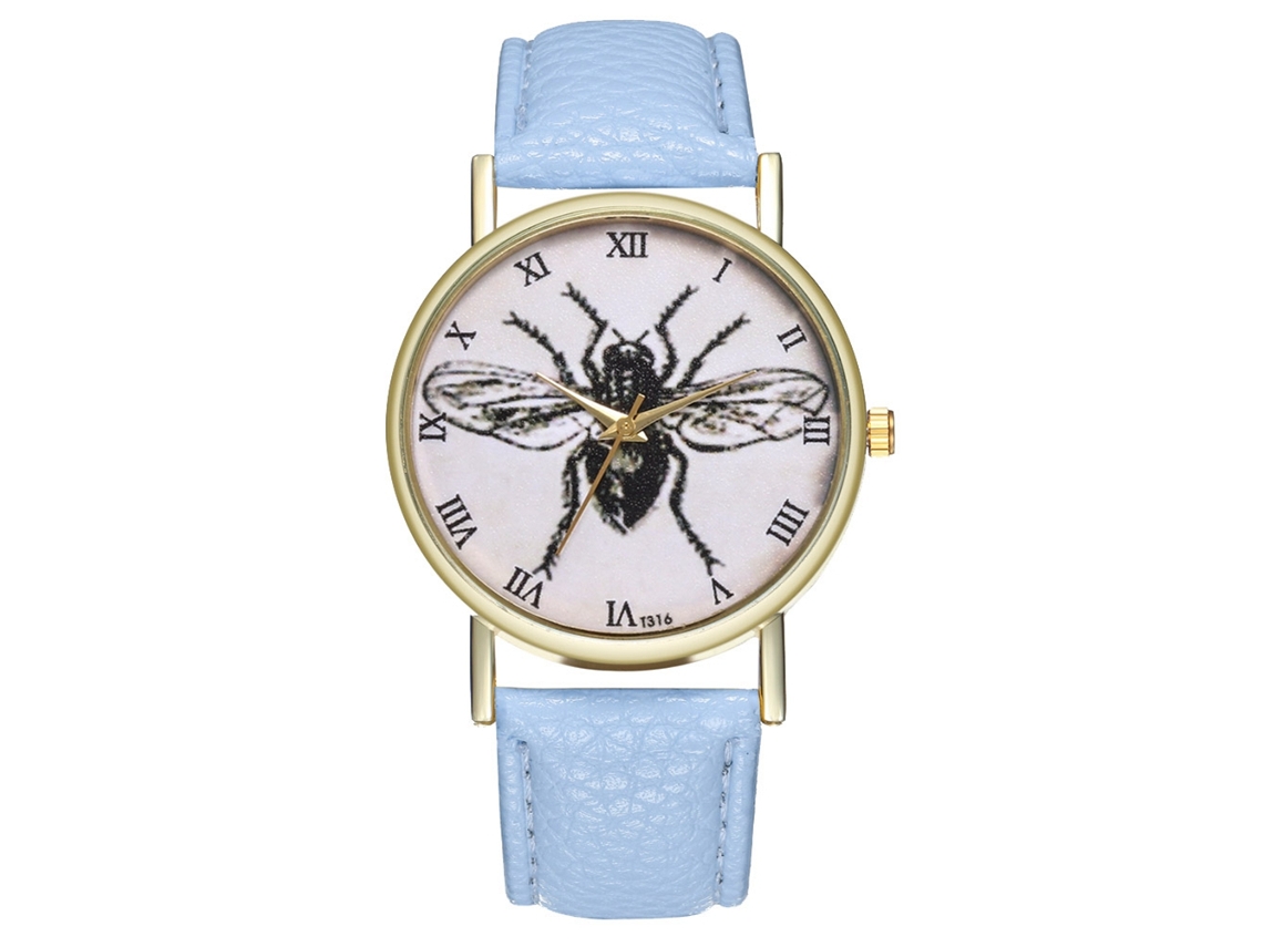Reloj De Piel Insecto Moda Pareja Cuarzo Unisex Azul Claro