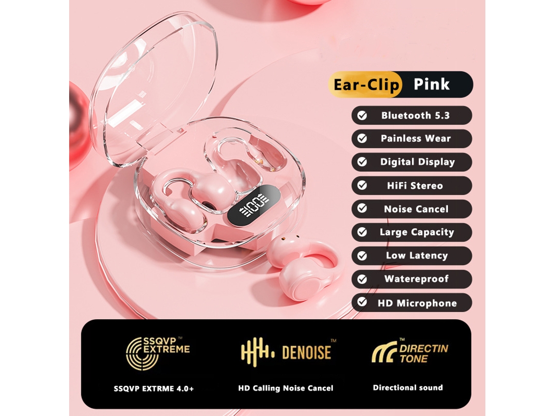 Fones de Ouvido Sem Fio Bluetooth 5.3, Estilo Gancho de Orelha, com Visor Led. MDUG (rosa)