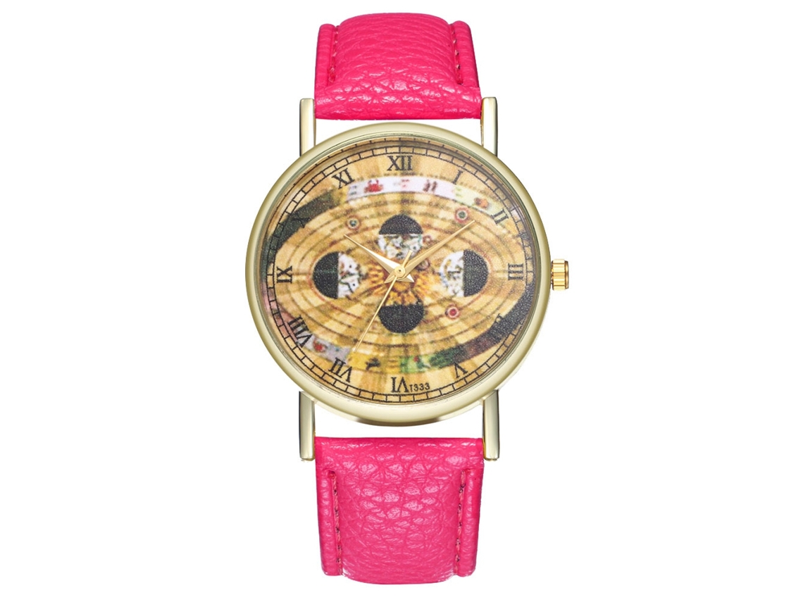 Relógio de pulso de quartzo com pulseira de PU, mostrador redondo com padrão espacial, cor vermelho rosado.