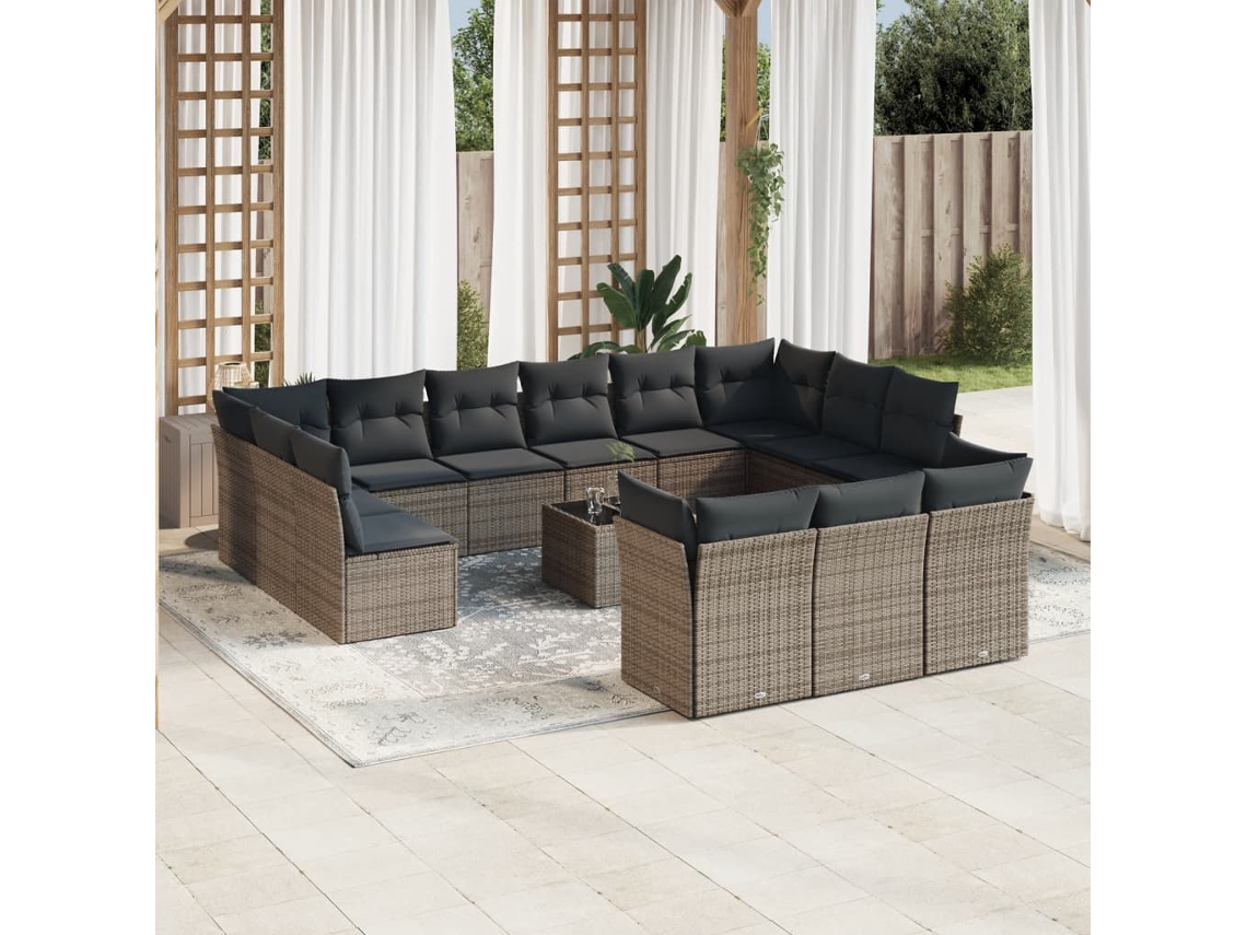 Vidaxl 14 Pcs Conjunto Sofás P/ Jardim C/ Almofadões Vime Pe Cinzento