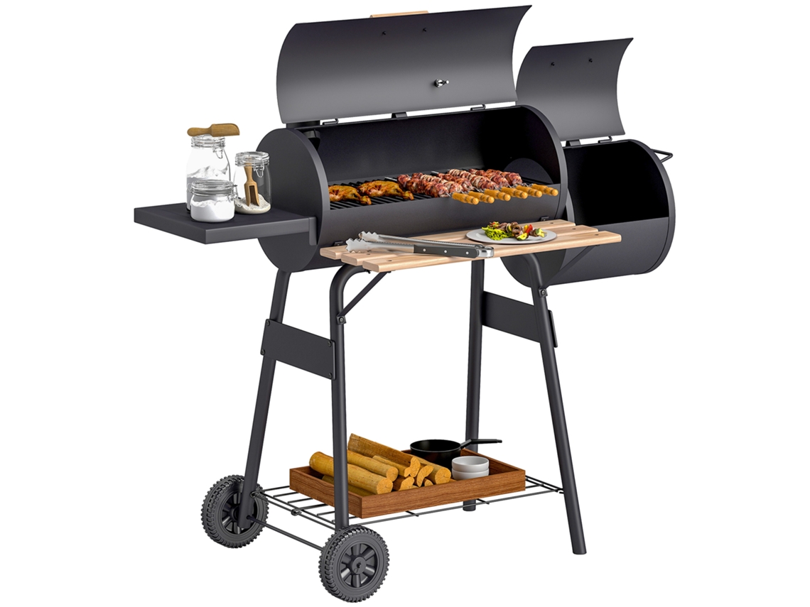 Churrasqueira a carvão com tampa, defumador, prateleiras, rodas, jardim, 124x53x104 cm, preta