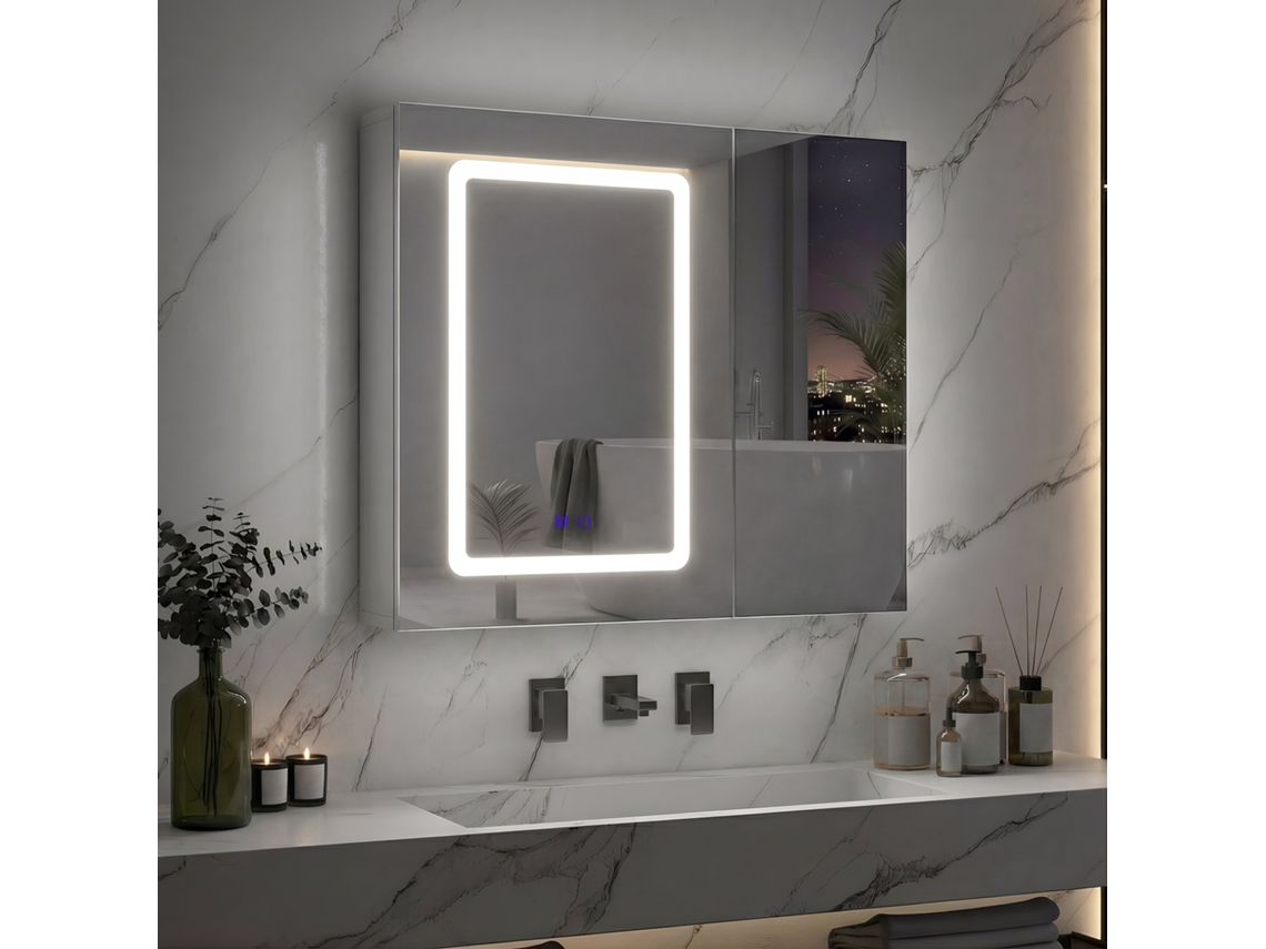 Armário de Casa de Banho ZHONA com Espelho, Led, Toque, 3 Cores, Antiembaciamento, Prateleiras Ajustáveis, Branco