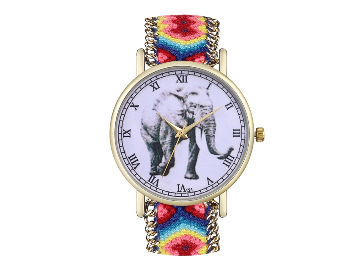 Relógio de Quartzo com Pulseira Tecida de Cuerda Textil Estilo Minimalista Padrão Elefante Universal