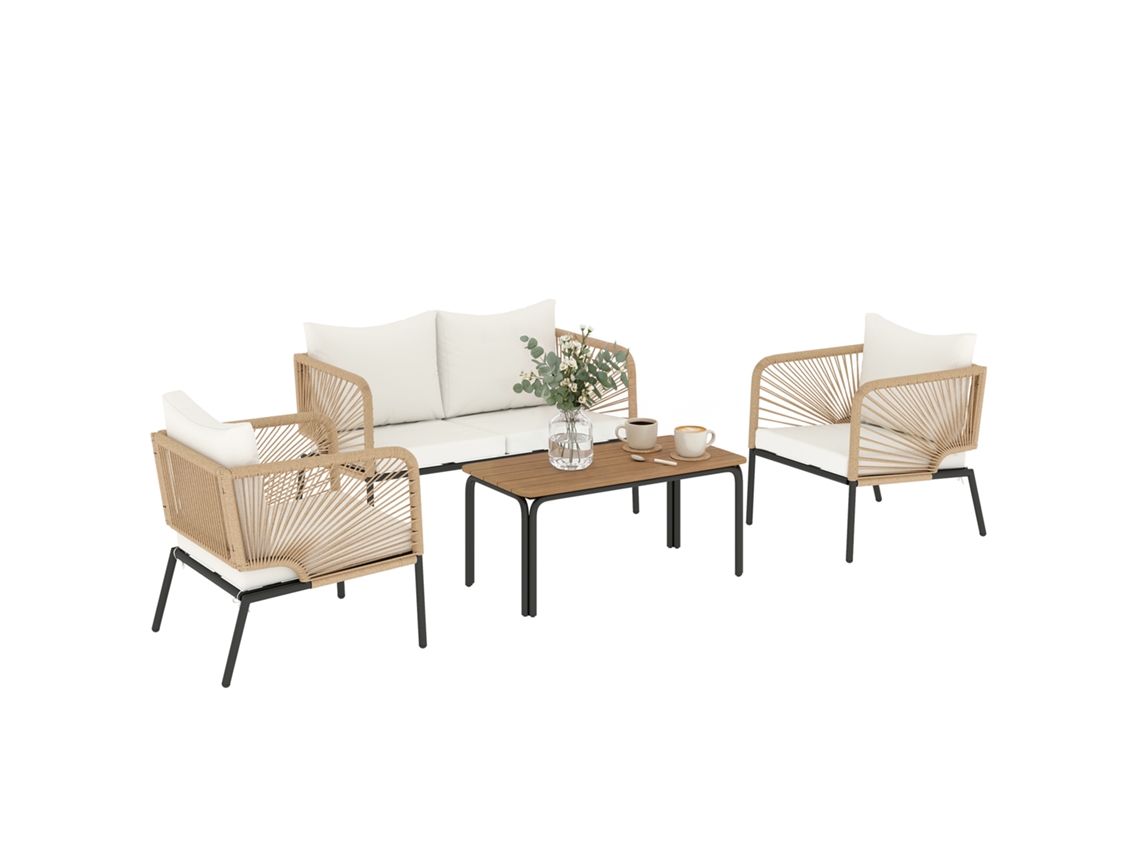 Conjunto de móveis para exterior Jardim Castanho com 4 peças, incluindo sofá de 2 lugares, poltronas e mesa em WPC branco.
