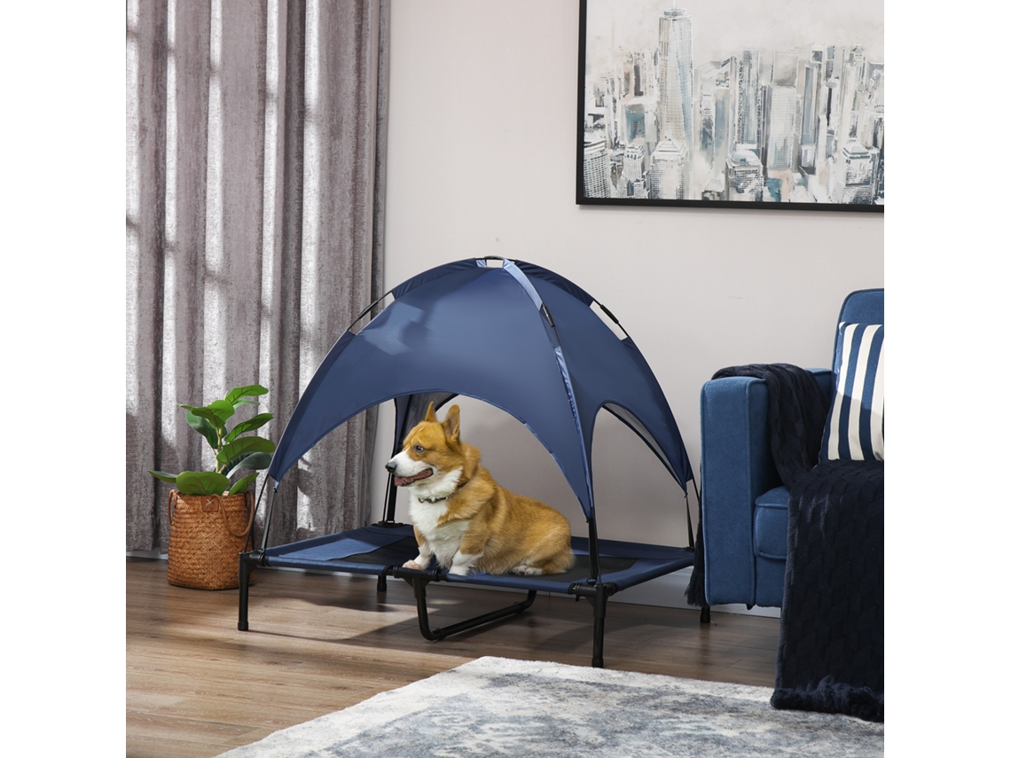 Cama Elevada Exterior Para Cachorro Dobrável Com Dossel, Azul E Preto